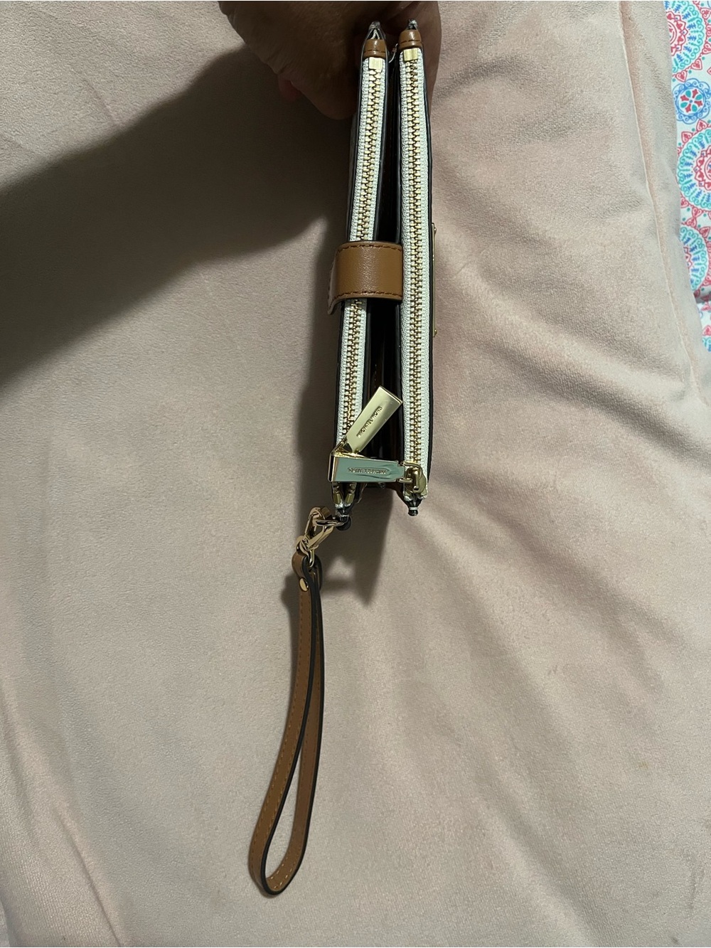 Michael Kors Cream and Taupe Logo Wristlet with Gold Plate - Picture 3 of 6
